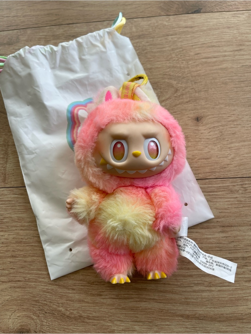 Labubu Rainbow Pink-Yellow Plush Monster Keychain
